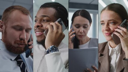 Wall Mural - Edited Collage of Multicultural Businesspeople Talking by Mobile Phones. Group of People with Diverse Ethnicity, Gender Working in Business, Marketing or Finance. E-Commerce. Collection of Portraits.