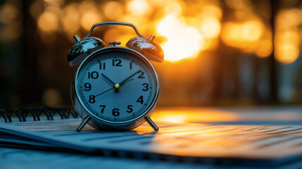 Aufkleber - Time management techniques illustrated through a planner and clock on a desk Stock Photo with side copy space.
