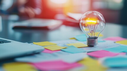 Poster - Bright Idea Bulb on Colorful Sticky Notes on Workspace Desk