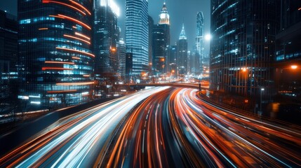 Poster - Vibrant Cityscape with Illuminated Skyscrapers and Blurred Traffic Lights at Night