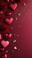 Poster - Romantic Valentine's Day vertical background for greeting cards, wedding invitation, featuring subtle heart and rose patterns in shades of red and pink over dark maroon gradient soft golden sparkles.