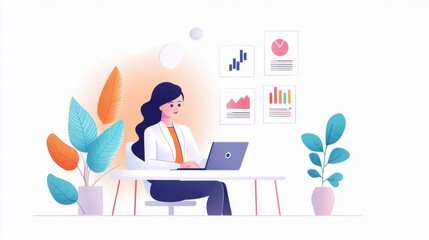 Poster - Focused Female Professional Multitasking at Efficient Workspace with Modern Tech Devices