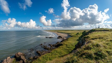 Wall Mural - scenic coastal landscape with rocky shoreline, green grassy hills, and dramatic cloudy sky under vib