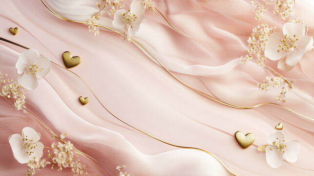 Romantic Valentine's Day horizontal greeting banner background with empty copy space with light blush color, featuring golden heart shapes around the corners and soft floral elements in pink and white