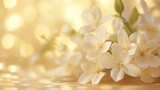 Delicate white jasmine flowers in warm golden light. Ideal for natural beauty products, aromatherapy, and elegant spa marketing materials.
