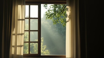 Wall Mural - Sunlight streams through curtains, illuminating a leafy green landscape viewed from a window.