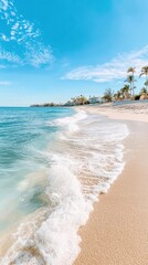 Wall Mural - Idyllic Tropical Beach Scene with Turquoise Ocean Waves and Palm Trees Under Bright Blue Sky