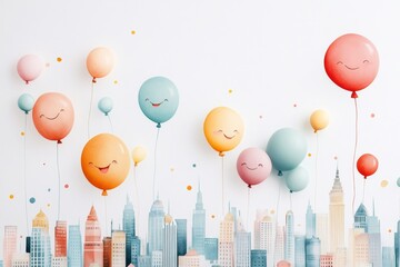 Aufkleber - A whimsical drawing of the Dubai skyline with smiling buildings and floating balloons, set against a clean white backdrop