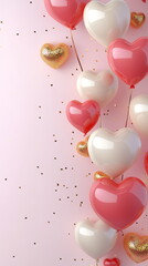 Poster - Romantic Valentine's Day vertical greeting card template with empty copy space with light pink and white gradient, decorated with red balloon hearts at edges, leaving spacious center for copy space