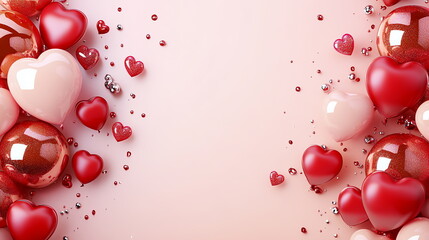 Poster - Romantic Valentine's Day horizontal wedding greeting card template with empty copy space with light pink and white gradient, decorated with red balloon hearts, leaving spacious center for copy space