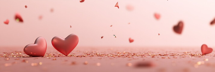 Poster - Romantic Valentine's Day horizontal social media template with empty copy space with soft pink red hearts scattered on blush pink gradient, highlighted by delicate gold sparkles subtle glowing accents