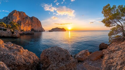 Wall Mural - serene sunset over coastal cliffs with calm waters and vibrant sky reflections in an idyllic seaside