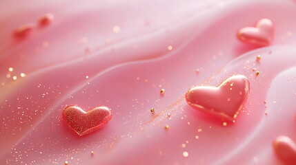 Poster - Romantic Valentine's Day horizontal social media template with empty copy space with soft pink red hearts scattered on blush pink gradient, highlighted by delicate gold sparkles subtle glowing accents