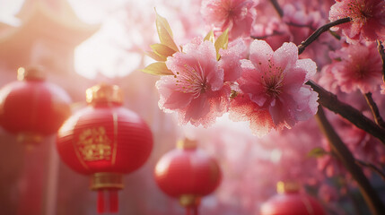 Poster - Close-up of cherry blossoms with red lanterns during spring festival