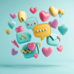 Leinwandbilder - Floating 3D chat bubbles, hearts, and arrows in vibrant colors creating a playful conversation atmosphere. Generative AI