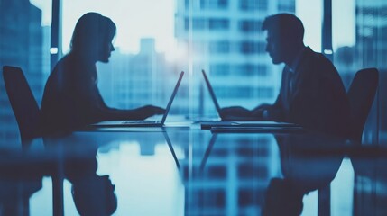 Poster - Silhouetted Businesspeople Working Late in Modern Office