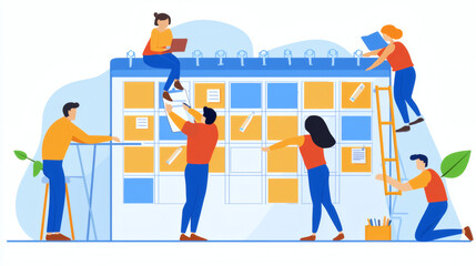 Poster - A group of employees working collaboratively with well-organized schedules Stock Photo with side copy space.