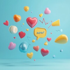 Wall Mural - Colorful floating 3D chat bubbles, hearts, and arrows create a lively decoration against a light blue background. Generative AI