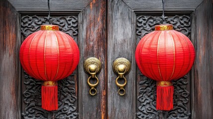 Two red lanterns hang on an ornate wooden door.