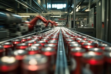Poster - Conveyor Belt of Sparkling Cans in a Modern Factory