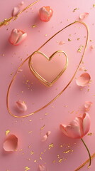 Poster - Romantic Valentine's Day vertical background for greeting cards, wedding invitation, with a delicate pastel pink background, golden heart outlines, and scattered pink tulip petals, soft elegant