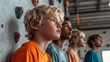 © Dulemegapixel - A group of children gazes intensely, showcasing anticipation and focus while preparing for their turn at an indoor rock climbing wall, in a vibrant and energetic environment.
