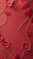 Poster - Romantic Valentine's Day vertical sale banner template, store discount promotion with delicate floral outlines and heart patterns in red, pink, soft gold, scattered over a deep rose-colored background