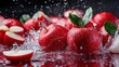 © Dulemegapixel - This image captures the moment when fresh apples burst into water, highlighting their vibrant colors and evoking a sense of refreshment and organic beauty.