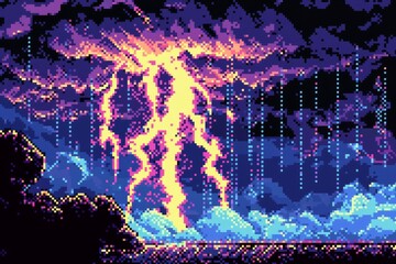 Wall Mural - This artwork captures the excitement of a lightning storm in pixel art.