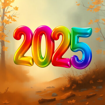 2025 Neon Numbers for Happy New Year card or banner on white background
