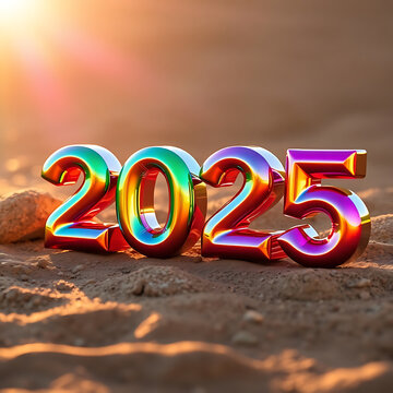 2025 Neon Numbers for Happy New Year card or banner on white background
