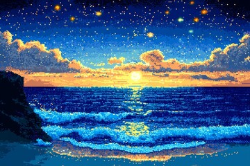 Wall Mural - Retro-style 8-bit pixel art depicting a serene sea under a starlit sky. 