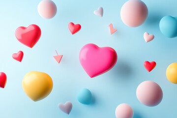 Wall Mural - Floating 3D chat bubbles and hearts in various shapes and colors against a soft blue background creating a cheerful atmosphere. Generative AI