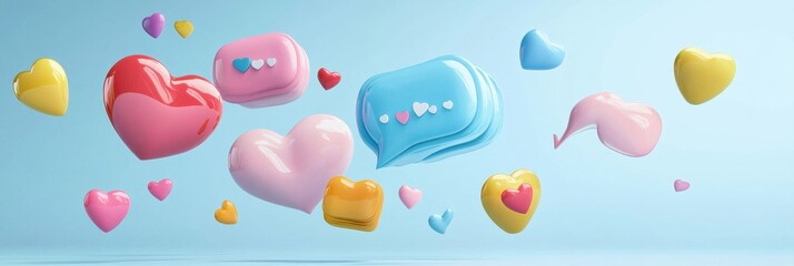 Aufkleber - Floating colorful chat bubbles surrounded by hearts and arrows in a vibrant digital space create a cheerful atmosphere. Generative AI