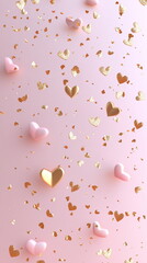 Poster - Soft pink Valentine's Day vertical background for greeting cards, wedding invitation, with scattered red and pink hearts of varying sizes, creating a romantic dreamy atmosphere with ample copy space