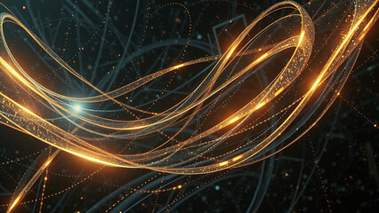 Poster - Futuristic glowing fractal design with bright lines and waves in blue and black, creating a dynamic abstract pattern and energy-filled texture