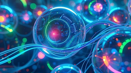 Poster - Futuristic Blue Fractal Wave with Glowing Circles and Abstract Design