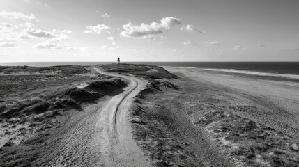 Wall Mural - serene coastal landscape with lighthouse, endless beach, rolling dunes, and dramatic clouds in black