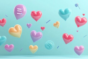 Fototapete - Floating 3D chat bubbles, hearts, and arrows create a lively conversation atmosphere in vibrant colors above a simple background. Generative AI