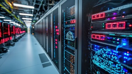 Poster - Rows of Servers in Modern Datacenter with Glowing LED Indicators