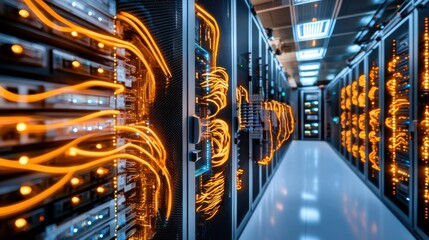 Poster - Futuristic data center with glowing server racks and cables in a modern industrial interior