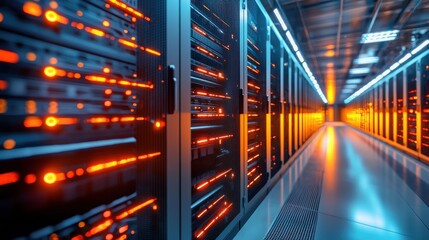 Poster - Futuristic glowing server rack in modern data center with illuminated network infrastructure technology