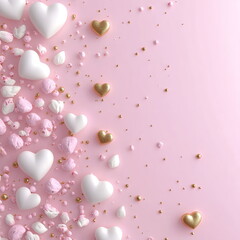 Poster - Soft pastel Valentine's Day square post greeting card template with empty copy space with a delicate pink and white gradient, decorated with small candy hearts and rose petals for playful yet romantic