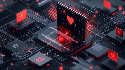 Poster - Futuristic Digital Landscape with Glowing Neon Geometric Patterns and Holographic Interfaces