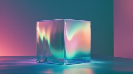 Poster - Colorful glass cube with gradient light reflections and soft glow effects