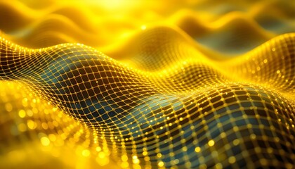 Fototapete - Bright yellow abstract netting grid waves background. Abstract yellow mesh texture with a wavy pattern. Golden gridded waves with sparkling lights. Golden particle wave abstract background