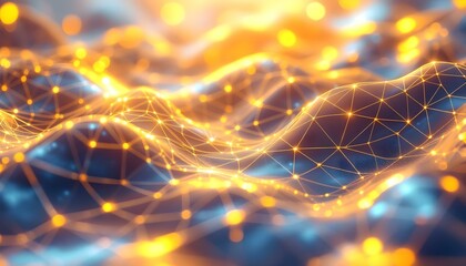 Fototapete - Bright yellow abstract netting grid waves background. Abstract yellow mesh texture with a wavy pattern. Golden gridded waves with sparkling lights. Golden particle wave abstract background