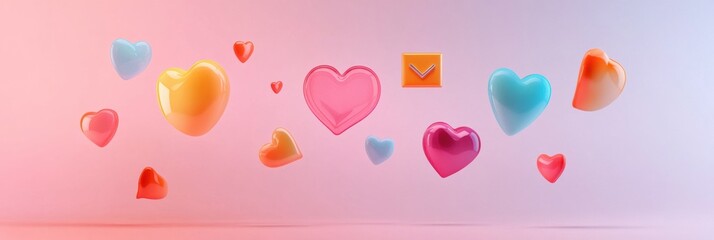 Wall Mural - Colorful 3D chat bubbles and hearts float in a vibrant digital environment, perfect for expressing emotions and creating connections online