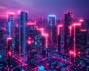 Poster - Smart city real estate concept with cryptocurrency integration, AIpowered homes, futuristic architecture, blockchain security systems, hightech urban environment