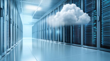 Poster - Futuristic Data Center with Floating Cloud in Illuminated Corridor